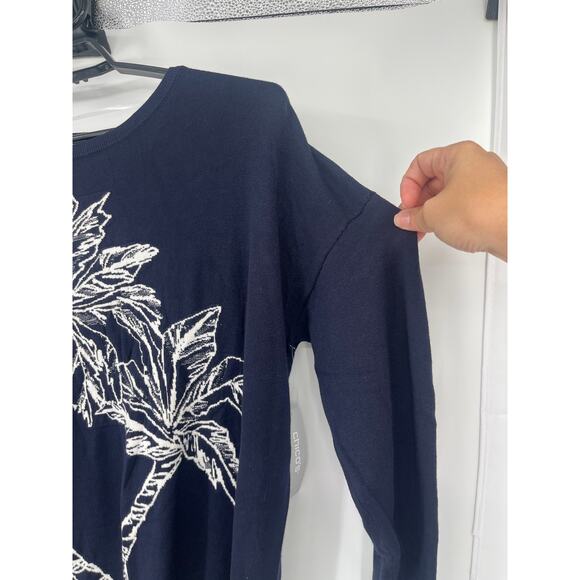 Chicos Palm Tree Womens Sweater Sz L Coastal Resort Beachy Embroidered Navy New - Picture 5 of 11